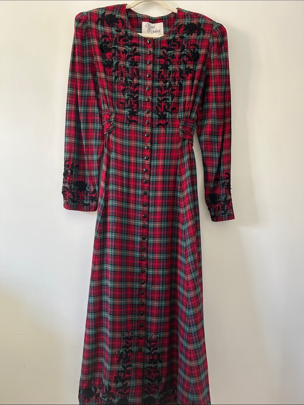 Vintage Sarah Elizabeth Red Plaid Maxi Dress Cottagecore Embroidered Floral